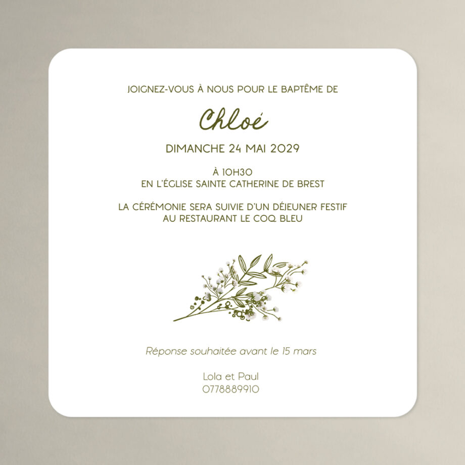 Invitation baptême Gypsophile